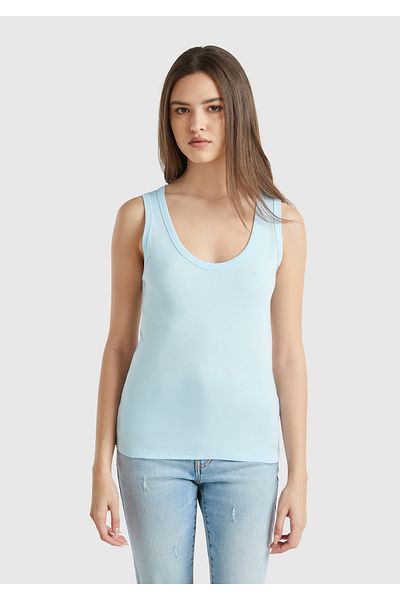 United Colors of Benetton Women's Light Blue 100% Cotton Tip Logo Embroidered Slim Fit Round Neck Tank Top