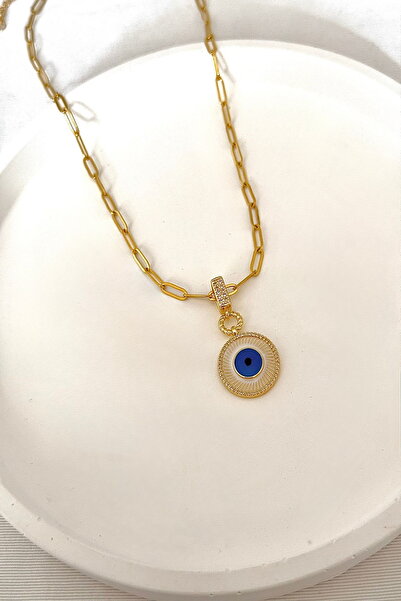 DEMOKAN قلادة نسائية من الفولاذ بإطار دائري وتفاصيل عين زرقاء وسلسلة بيضاوية