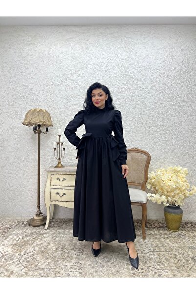 KÜÇÜĞÜM BUTİK Φόρεμα με μαύρο φιόγκο στο πλάι, μακρύ φόρεμα από ποπλίνα