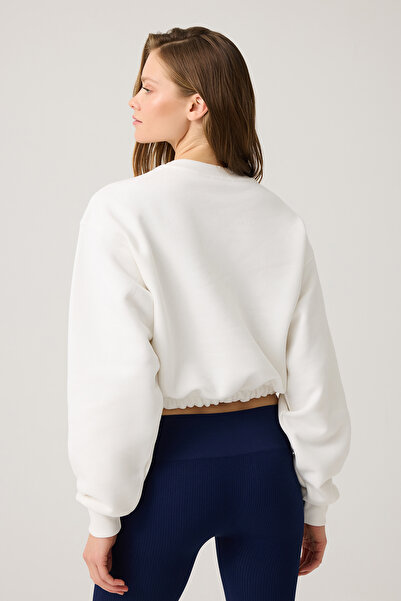 Los Ojos Ecru Wide Fit Waist Shirred Crop Sweatshirt Cropped Pullover