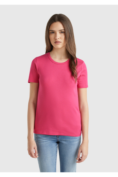 United Colors of Benetton Γυναικείο φούξια 100% βαμβακερό μπλουζάκι με κοντό μανίκι με λαιμόκοψη