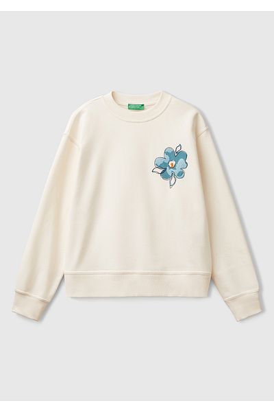 United Colors of Benetton Pulover de damă crem cu amestec de bumbac cu modele florale