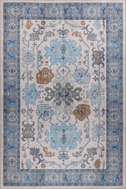 Foldy Vintage Desenli Dokuma Taban Dekoratif Mavi Halı FL 40