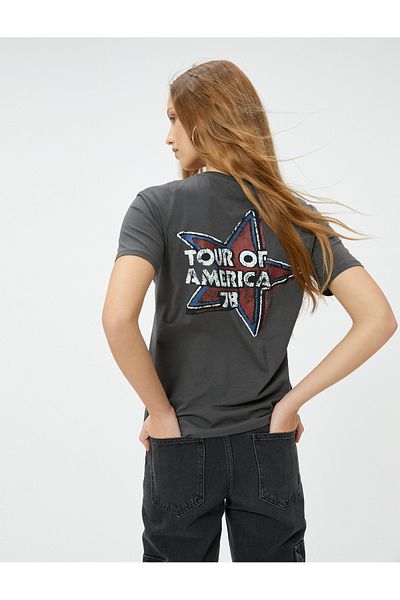 Koton Crew Neck - Rolling Stone T-Shirt with Tang Print, Licensed Short Sleeves and Cotton