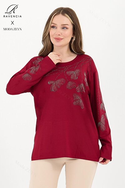 Ravencia Burgundy Lycra Viscose Combed Cotton Blouse - Stone Detailed Leaf Pattern, for Mother