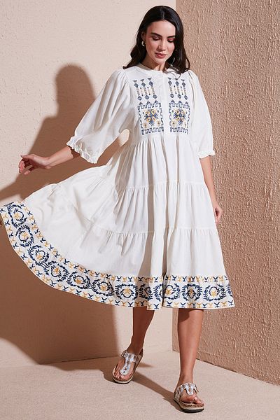 Lela Βαμβακερό κέντημα Κεντημένο κανονική εφαρμογή Φόρεμα με μανίκια τριών τετάρτων Midi μήκους ΦΟΡΕΜΑ 676216