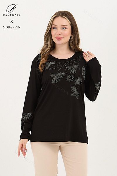 Ravencia Black Viscose Blouse with Lycra for Middle-Aged and up - Gonca Leaf Pattern and Stone Embroidery