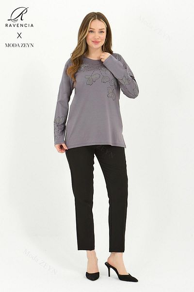Ravencia Gray Lycra Viscose Combed Cotton Blouse - Middle-Aged and Above, Leaf Pattern and Stone Embroidery