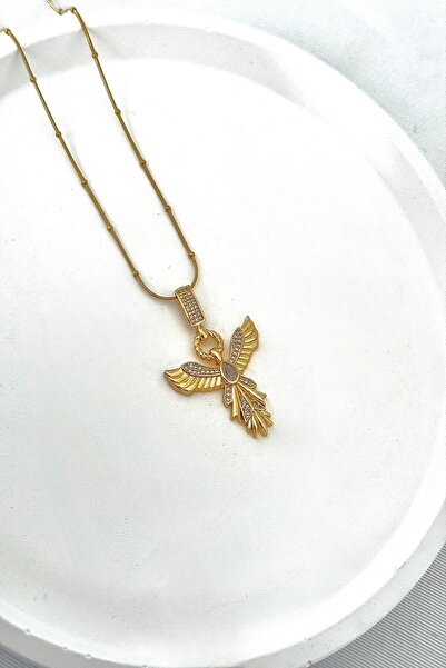 DEMOKAN Kadın Çelik Kolye Minik Topçuk Zincirli Zirkon Taş Anka Kuşu Kolye