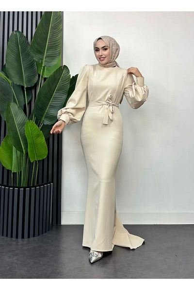 modasusev Balloon Sleeve Tail Hijab Dress
