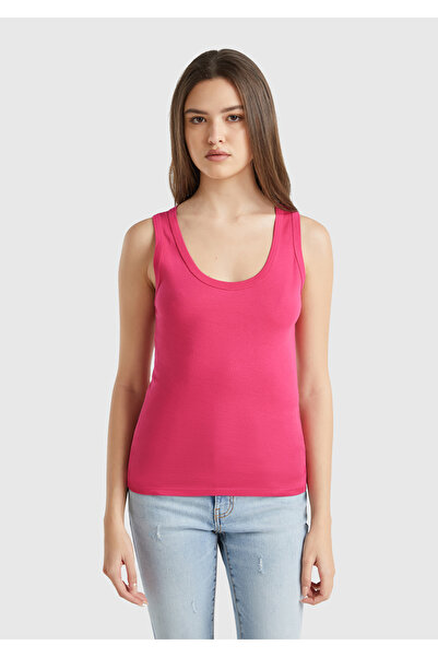 United Colors of Benetton Women's Fuchsia 100% Cotton Tip Logo Embroidered Slim Fit Round Neck Tank Top