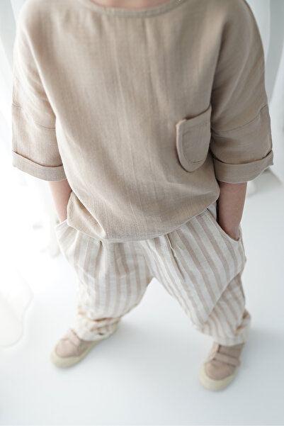 Catz Kids Ленен панталон с моркови на бели райета от норка + риза с детайли от муселин от норка