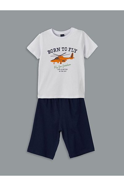 LC Waikiki Lcw Eco White Crew Neck Boy's Pajamas Set with Shorts