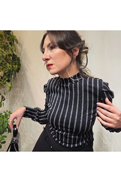 Fortuna Butik Black Color Striped Glitter Detailed Blouse