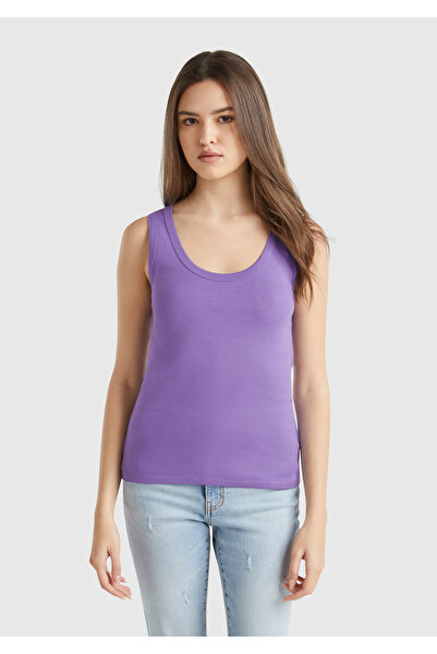 United Colors of Benetton Women's Purple 100% Cotton Tip Logo Embroidered Slim Fit Round Neck Tank Top