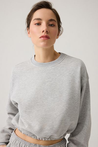 Los Ojos Hanorac crop gri Melange, croială largă și design cu șnur