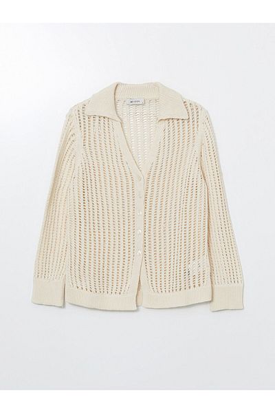 LC Waikiki Lcw Vision Ecru Polo Neck Openwork Women's Knitwear Cardigan