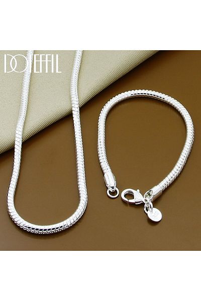 Choice 60cm and 20cm DOTEFFIL Silver Color 16/18/20/22/24/26/30 Inch Snake Chain Bracelet Necklace Sets For