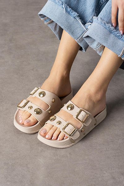 diclepolat Beige Women's Slippers - Flat Bottom, Buckle, Double Strap, Troy Olive Casual Design