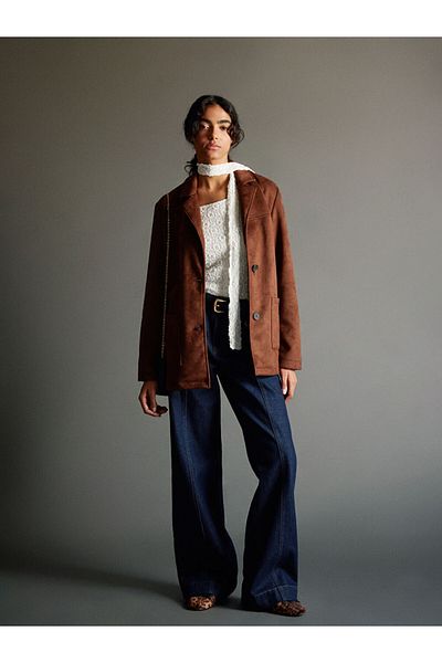 LC Waikiki Γυναικείο μπουφάν LCW Vision Brown Shirt Collar Suede