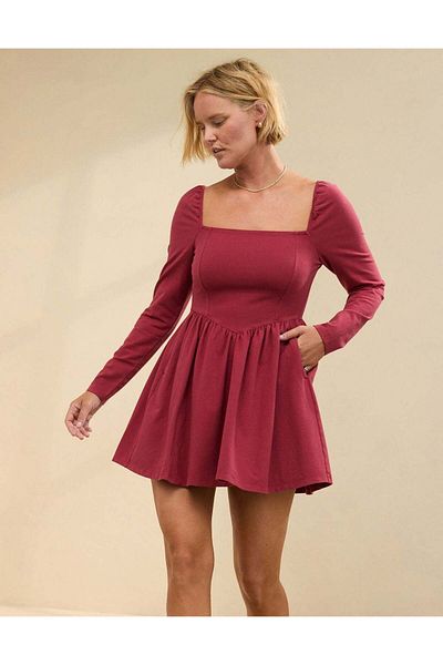 AMERICAN EAGLE Aerie Long Sleeve Fit & Flare Knit Mini Dress