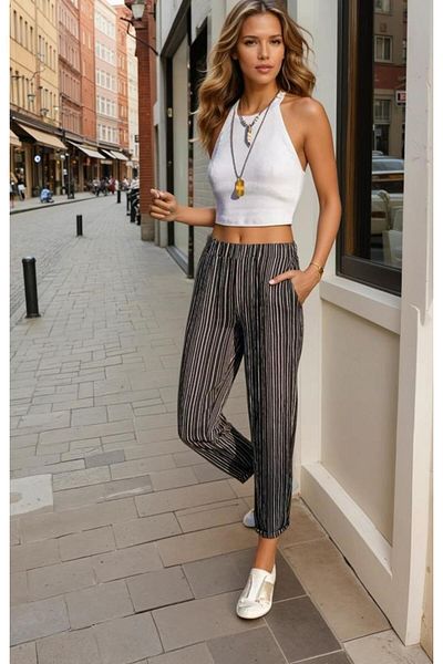 Pasaklı Giyim Women's Pocketed Elastic Waist Striped Double Leg Comfortable Summer Trousers 3277200