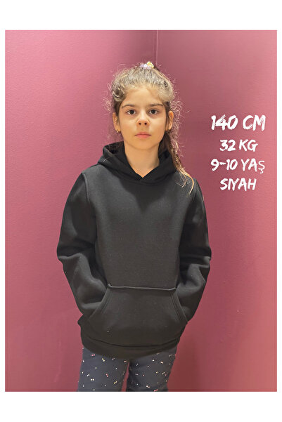 3 Iplik Şardonlu Çocuk Kapşonlu Ve Kanguru Cepli Sweatshirt Günlük Kullanım Hoodie Siyah