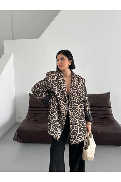 She Olive Γυναικείο μπουφάν oversized με λεοπάρ στάμπα - κομψό συνδυασμός με υφασμάτινη επένδυση από ύφασμα scuba