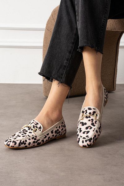 diclepolat Beige Leopard Print Soft Chain Women's Loafer - Casual Shoes Renos