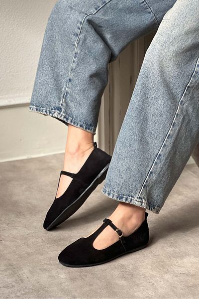 NİŞANTAŞI SHOES Balerini de damă Palmer, negru, pe interior și pe exterior, din piele intoarsa autentica, cu catarama, cu talpa plata