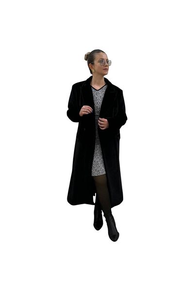 hot fashions معطف نسائي أسود اللون مزين بالريش على الكتف، معطف طويل أنيق