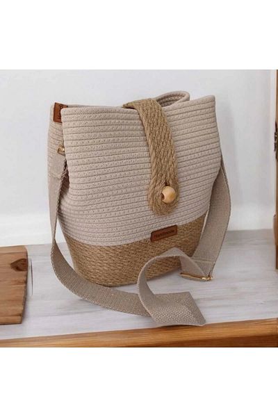 Hediyeninellitonu Geantă de umăr din paie și bumbac realizată manual - Geantă de mărime maxi din iuta, design special elegant