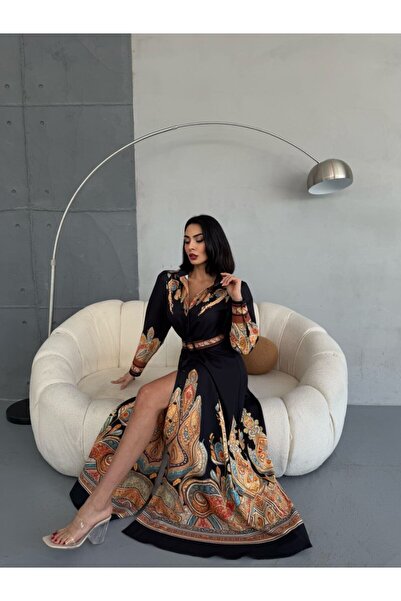 WellWay فستان أسود من قماش أطلس بطبعة زهور وياقة قميص وأزرار (يشمل الحزام)-2501