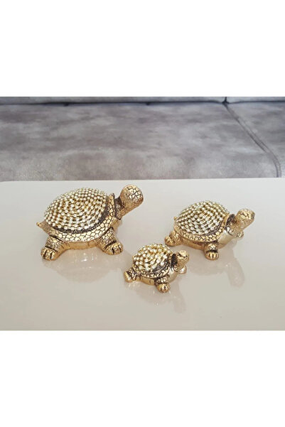 Elif Polyester Polyester 3 Lü Gold Kaplumbağa Taşlı Üçlü Kaplumbağa Biblo Ev Ofis Dekorasyon