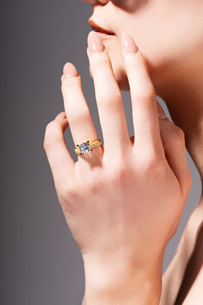 Mirari Badem Tırnak Estetik Zirkon Taşlı Mikron Altın Kaplama Kadın Tek Taş 9...