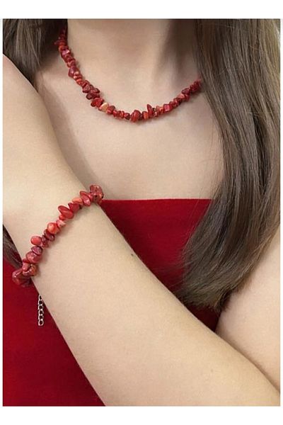CessNova Coral Broken Natural Stone Necklace and Bracelet Set New Year Christmas Christmas Gift