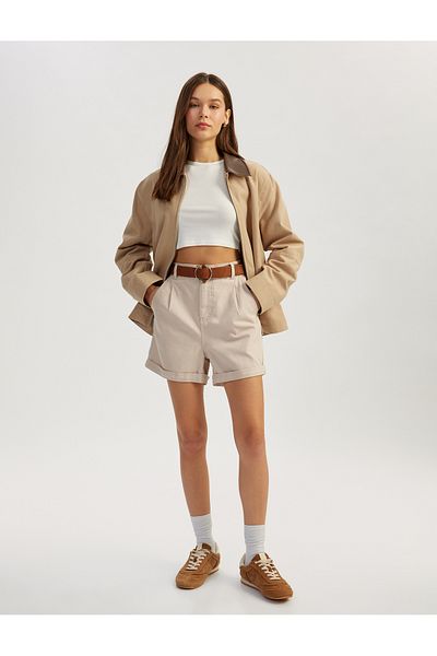 Koton Layered Leg High Waist Belted Chino Shorts