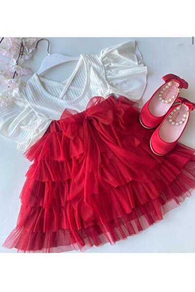 DUDOR KİDS Girl's Red-White Tulle Layered Skirt and Blouse Set-23 April-Holiday Suit