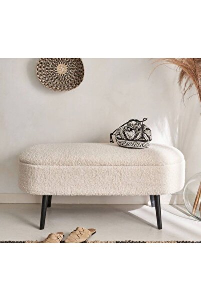 KOKİ DESİGN OSLO Wellsoft Kırık Beyaz Siyah Ahşap Ayaklı Sandıklı Bench Puf