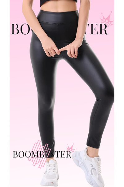 BoomBester Winter Leather Leggings with Recovery Fleece Anti-Slip Waist Wide Belt Bright Black Raster