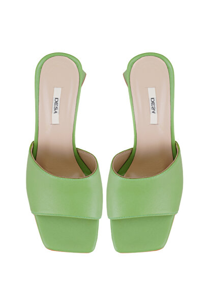 Desa Γυναικείες πράσινες δερμάτινες παντόφλες με χοντρό τακούνι