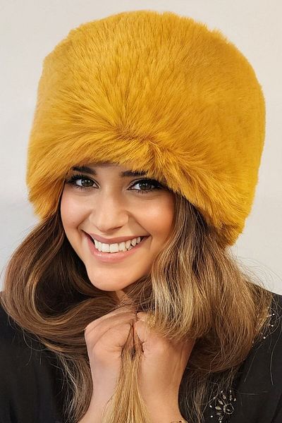Mağazam Online Mustard Plush Heart Hat |   Faux Fur Winter Women's Cap New Year, New Year's Gift