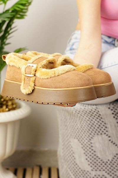 Nstil Zilnic Femei Tan Balerini din piele intoarsa Talpa groasa zimtata Varf oval Catarama reglabila 500h