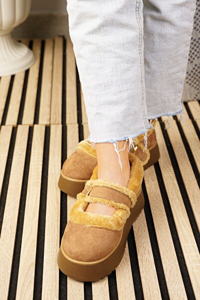 Nstil Günlük Kadın Taba Babet Süet Kalın Tırtıklı Taban Oval Burunlu Ayarlanabilir Tokalı 500h