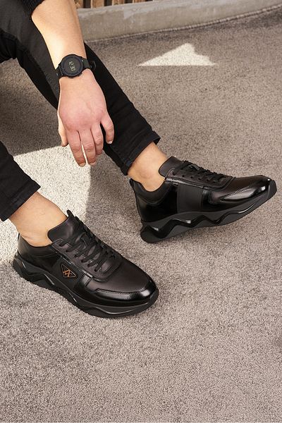 Nstil Adidași negri pentru bărbați - piele naturală, cu șireturi, talpă groasă, suport pentru glezne 721