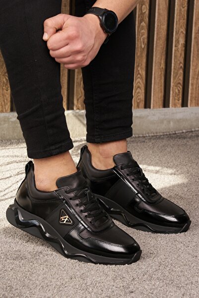 Nstil Günlük Erkek Siyah Ayakkabı Iç Dış Hakiki Deri Bağcıklı Kalın Yüksek Taban Bilek Destek Sneaker 721