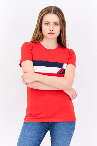 Nautica Women Crew Neck Short Sleeves Graphic Print T-shirt, Red Combo