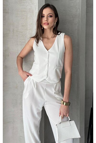 Paw Garage Set de pantaloni Bianca set cu vestă pentru femei, Set de pantaloni cu vestă pentru femei din crep pentru scuba pentru 4 anotimpuri