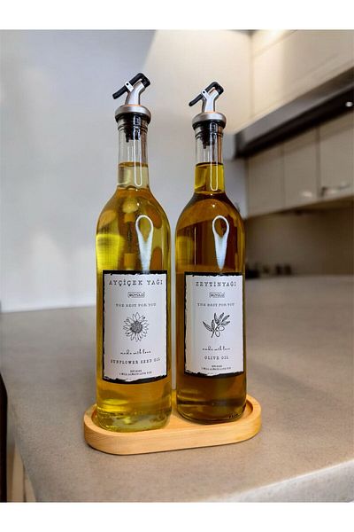 BÜYÜLÜ HOME 2-Piece Glass Clear 750ml with Wooden Stand - Sunflower and Olive Oil Bottle