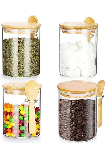 COOYA Glass Jar Containers,with Bamboo Airtight Lid & Spoon, Stackable Food Canisters,for Candy Spice,4pcs